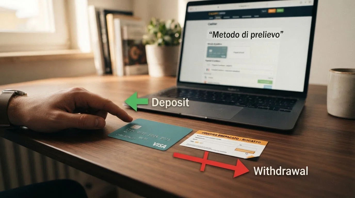 Una carta Postepay e un voucher Paysafecard affiancati, con una freccia verde in entrata (deposito) e una rossa barrata in uscita (prelievo)